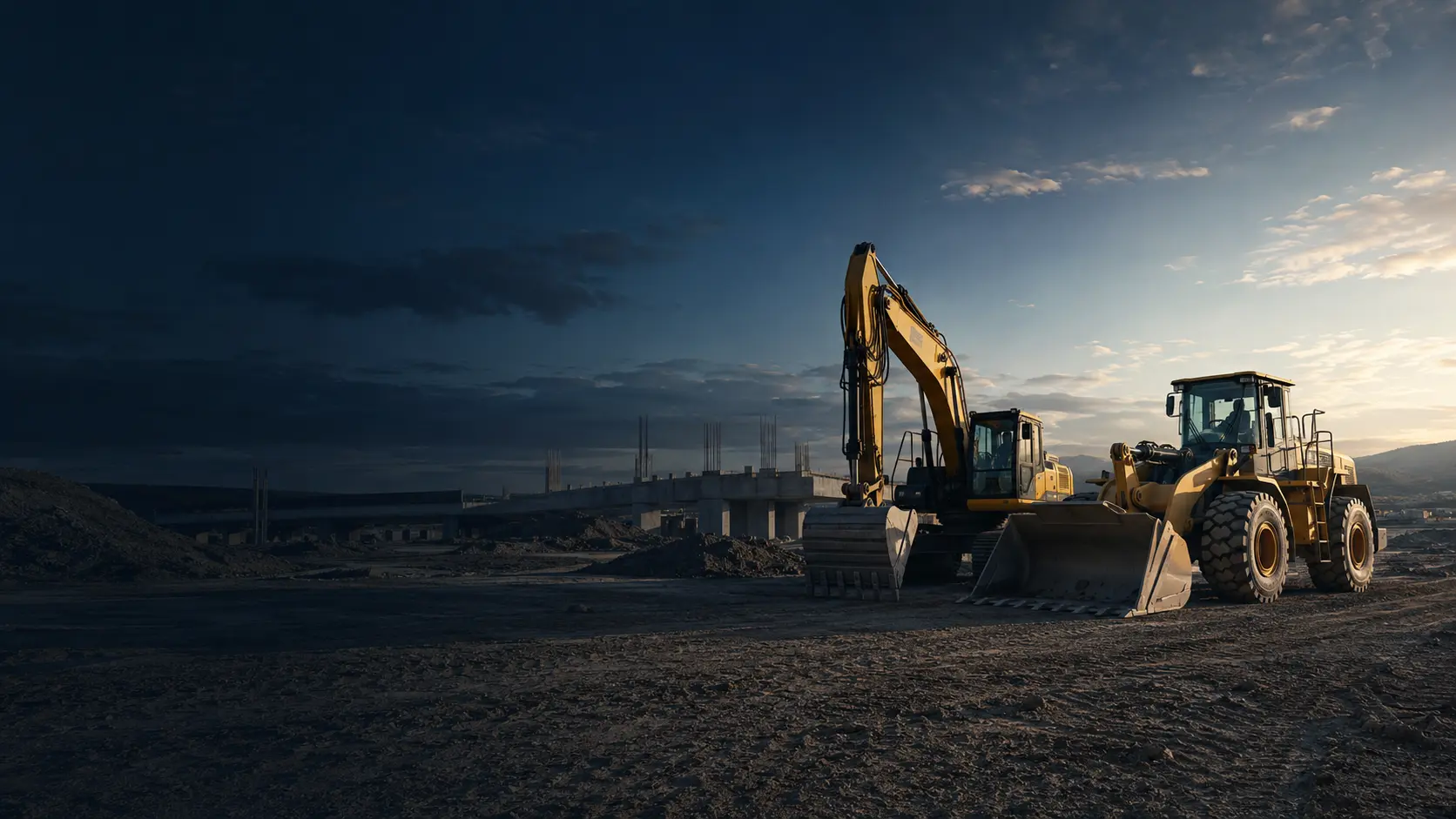 Excavator and wheel loader on a construction site at dusk